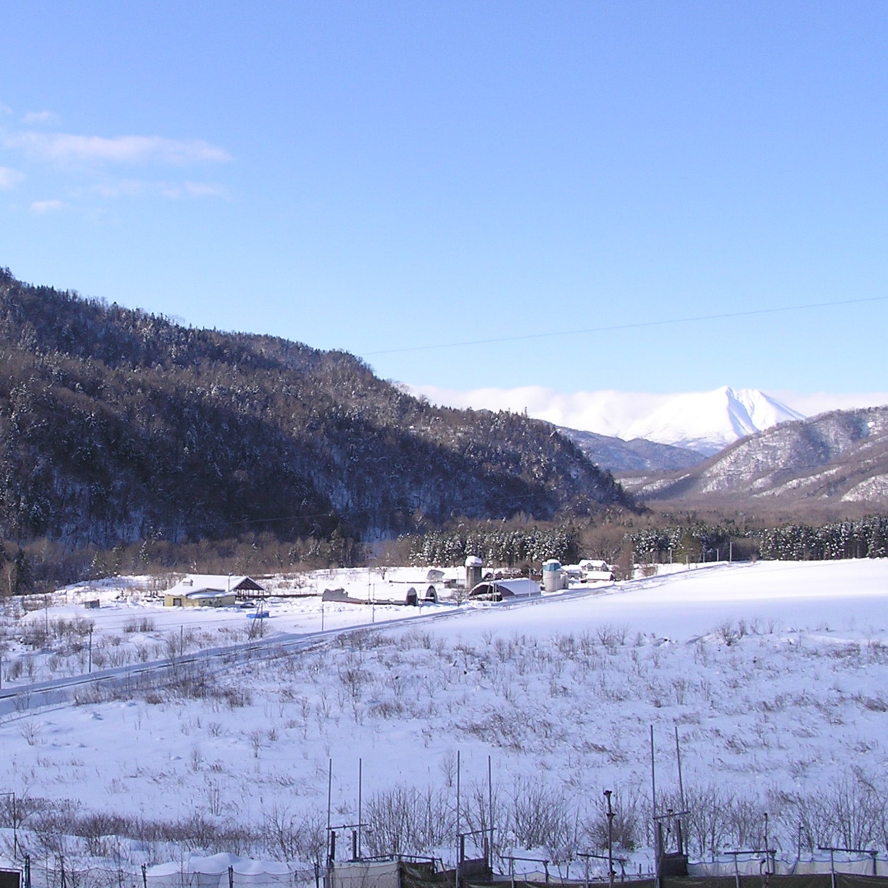 雪に覆われたトムラウシと牧舎